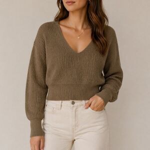Free People Ribbed Knit V Neck Sweater XS Tan Fitted Cropped Boho